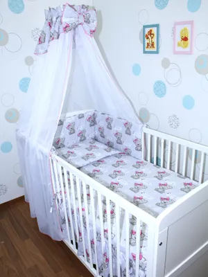 Produktbild von Primawela Baby Bettset - 6 teiliges Set mit Chiffon Himmel Bettwäsche Nestchen 24. Girl Bärchen