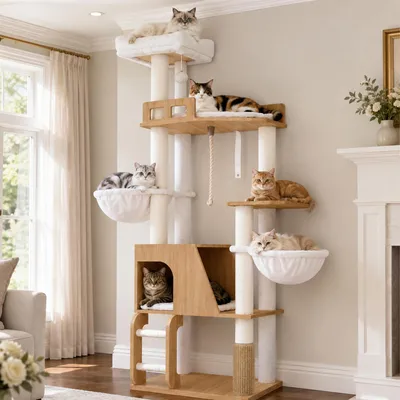 Imagen del producto de Kratzbaum de madera, 167 cm de altura, de varios niveles, con escalera de sisal para gatos