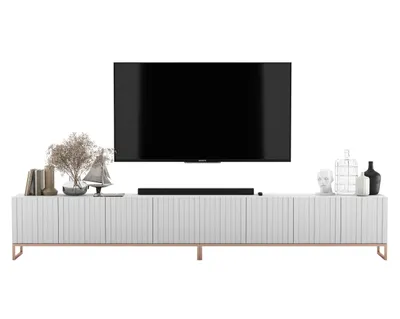 Zdjęcie produktu dla Szafka RTV Glamour Komoda RTV Glamour Biały MAT Ryflowane Fronty 300 cm Rama metalowa