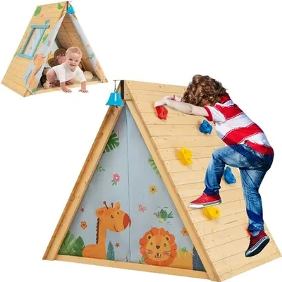 A collage of two images showing a children's playhouse with climbing stones and a baby inside another playhouse.