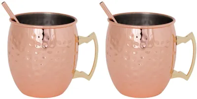 Produktbild von Cosy & Trendy Moscow Mule Cocktailbecher mit Strohhalmen – 450 ml – Gehämmertes Kupfer – 2 Stück