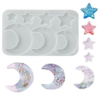 Produktbild von Set 10 Silikonformen Stern Mond für Kunstharzschmuck Schlüsselanhänger Ohrringe 66x107x5mm