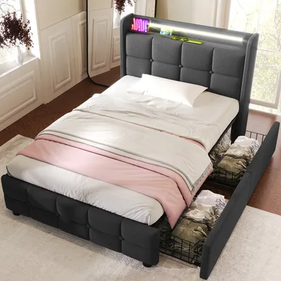 Immagine prodotto di Letto imbottito Sweiko (letto contenitore con rete a doghe), letto singolo 90x200cm con illuminazione LED, funzione cassetto e 2 cassetti