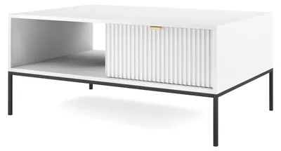Produktbild von Couchtisch NOVUM Weiß mit schwarzem Gestell 104 × 46 × 68 cm – Moderner Sofatisch mit Schiebetür und offenem Fach