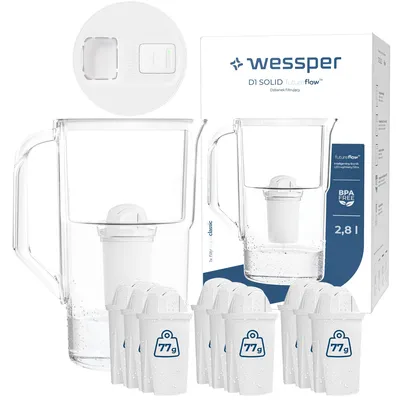 Imagen del producto de Jarra filtrante Wessper D1 SOLID FutureFlow™ de 3,3 litros, color blanco, con indicador LED y 10 filtros aquaclassic