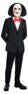 Produktbild von Saw Jigsaw Billy Kostüm Set mit Jacke, Weste, Fliege & Latexmaske – offiziell lizenziertes Billy the Puppet Kostüm M–XL für Halloween Cosplay Comic Con Männer Größe: XL