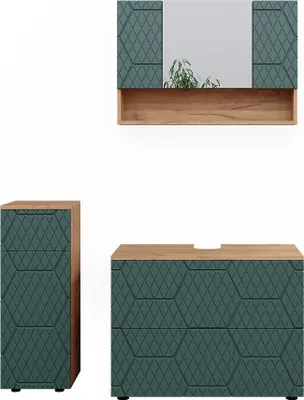 Immagine prodotto di Set mobili bagno Vicco Irma Quercia verde/oro 3 pezzi, con cassettiera e mobile midi, Model 47200