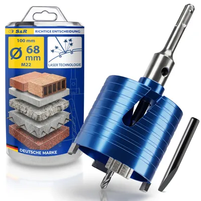 Produktbild von S&R Diamant-Bohrkrone 68 mm SDS-plus Dosensenker, Dosen-Bohrer für Beton, Vollziegel, Hohlziegel, Mauerwerk, Kalksandstein, Poroton und Naturstein, Trockenbohrkrone für Steckdosen