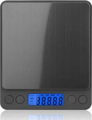 Obrázok produktu pre Elektronická kuchynská váha s vysokou presnosťou – presnosť 0,1 g – maximálna hmotnosť 3000 g – oceľ – LCD displej – funkcia počítania kusov/tarovania – digitálna kuchynská váha