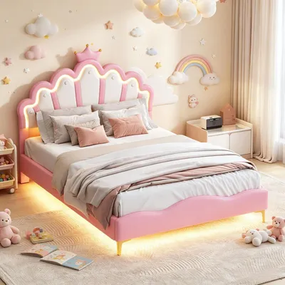 Obrázek produktu pro Dětská postel 140 x 200 cm s LED osvětlením, design "princeznová postel" s korunkami, nastavitelná opěrka hlavy, růžová barva