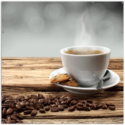 Produktbild von Wallario XXL Outdoor-Poster für Garten oder Balkon, Motiv Heiße Tasse Kaffee mit Kaffeebohnen, in ca. 200 x 200 cm