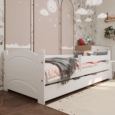 Zdjęcie produktu dla Łóżko dziecięce Ania z barierką, szufladą i stelażem | 160x80 cm | Biel kryjąca | 100% lite drewno sosnowe | dla chłopców i dziewczynek | Solidne