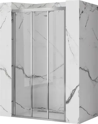 A shower door with a marble-patterned wall.
