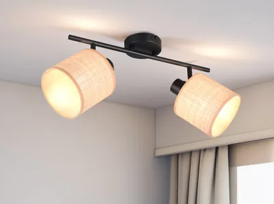 Produktbild von LED Deckenstrahler 2-flammig Deckenlampe mit Lampenschirmen Bast Flur, B: 42cm