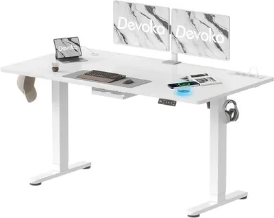 Image de Bureau réglable en hauteur 160 x 80 cm avec prise de courant, charge sans fil et port USB – Bureau informatique électrique avec fonction mémoire et gestion des câbles – Idéal pour les jeux et le travail de bureau