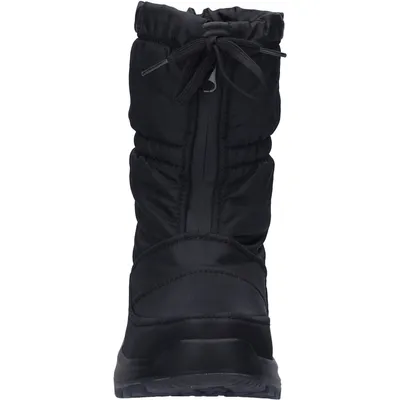 A front view of a black snow boot.