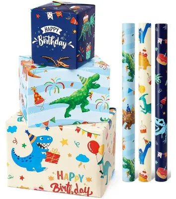 Zdjęcie produktu dla Papier do pakowania, 3 rolki, motyw: dinozaury, wymiary: 43 x 305 cm, kolor: zielony (akwarela)