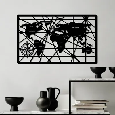 Image de Wallity, World Map 7-M, Accessoire mural décoratif en métal, 100 % METAL, noir, 50 x 82 cm