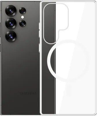 A transparent phone case is shown next to a black smartphone.