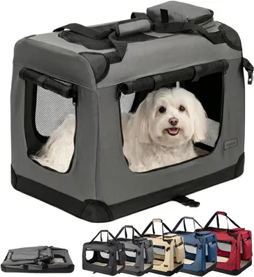 Image de Cage de transport pour chien, dimensions 60x42x44 cm, pour voiture, jusqu'à 12 kg, en tissu, de couleur grise