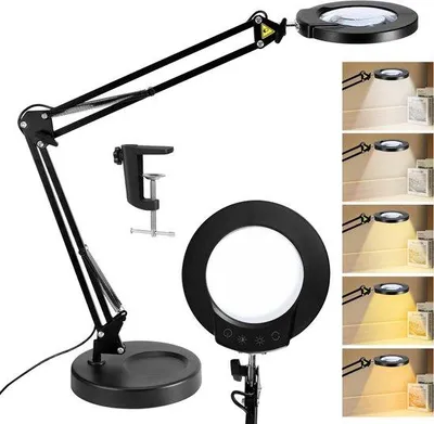 Produktbild von Unyqoos® Verstellbare LED-Lupenlampe mit Klemme – 10-fach Vergrößerung, 5 Lichtfarben, stufenlos dimmbar, Aluminium, für Hobby & Handwerk