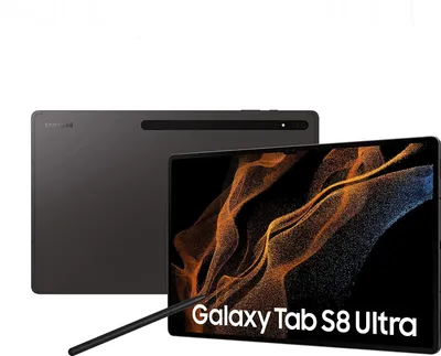 A graphite Samsung Galaxy Tab S8 Ultra 5G tablet is shown from the front and back, with a stylus in the foreground.