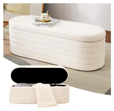 Produktbild von Sitzbank mit Stauraum, 117 x 41,5 x 40 cm, Truhenbank aus Teddystoff für Schlafzimmer und Wohnzimmer (Weiß)