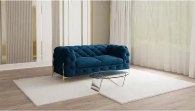Produktbild von S-STYLE MÖBEL - Chesterfield Sofa 2-Sitzer Nova mit Goldene Metall Füßen aus Marineblau Samtstoff, B/T/H: 185 cm/ 100 cm/ 75 cm