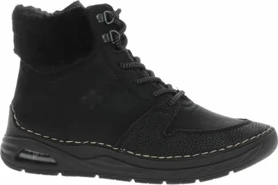 A black women's boot on a white background.