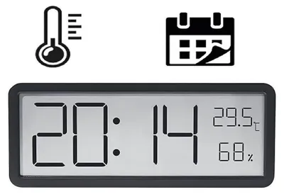 A digital clock displaying time, temperature, and humidity, with icons for thermometer and calendar above.