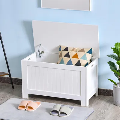 Zdjęcie produktu dla Skrzynia do przechowywania z klapą i zawiasami zabezpieczającymi, wymiary: 81 x 40 x 46 cm, kolor: biały