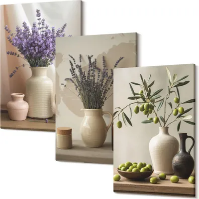 Produktbild von Wandbild – Leinwandbild – Leinwandbilder – Polycanvas – Kunstdruck – Modern – Panorama – Mehrteilig – 3-Teilig Set – Hochwertig – Lichtecht – Geruchslos – 20x30 Cm Je Element - Lavendelblüten, Oliven und Keramikgefäße