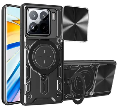 Produktbild von Für Xiaomi 15 CD Textur Sliding Kamera TPU PC Hybrid Magnet Ring Hülle Schwarz