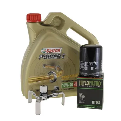 Produktbild von Öl Wechselset 4 Liter Castrol SAE 10W-40 Power 1 4T inkl. Ölfilter Hiflo HF148 und Ölfilterschlüssel