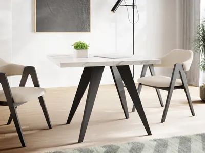 Produktbild von Quadratischer Ausziehbarer Esstisch Quadro in Weißer Marmoroptik 100-200 cm - Industrial Esszimmertisch mit Schwarzen Holzbeinen für 4-8 Personen - Loft-Stil Küchentisch - Marmor Weiß