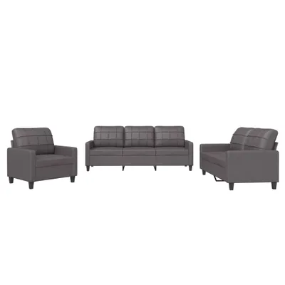 A three-piece sofa set consisting of an armchair, a sofa, and another armchair, all in gray faux leather.