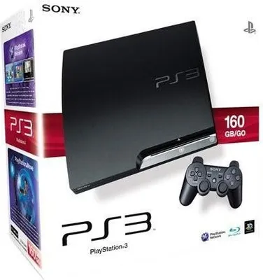 A product shot of a Sony PlayStation 3 console and controller on its packaging.
