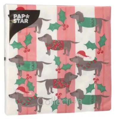 Obrázek produktu pro Papírové ubrousky Papstar, motiv "Vánoční psi", třívrstvé, slavnostní, rozměr 33x33 cm, 20 kusů
