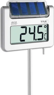 A digital thermometer with a solar panel on a white background.