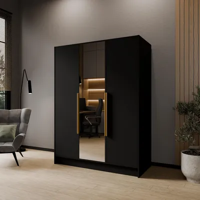 Produktbild von Masseno Drehtürenschrank RENVO 150/200/51 cm Modern Kleiderschrank 3-türig mit Spiegel Schwarz