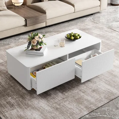 Produktbild von okwish Sofatisch mit 2 Schubladen, Couchtisch geriffelter Front,Wohnzimmertisch mit Stauraum und abgerundeten Ecken,Weiß
