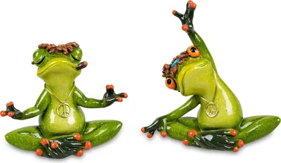 Two green frogs in yoga poses, one meditating and the other in a stretching pose, against a white background.