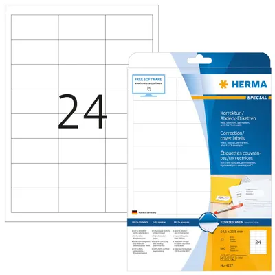 Produktbild von Korrektur-/Abdecketiketten A4 weiß 64,6x33,8 mm Papier matt blickdicht 600 St.
