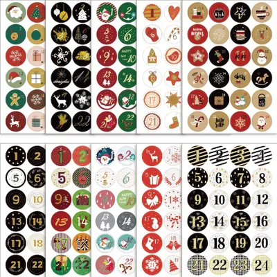 Adventskalender Zahlen-Sticker, 10 Bögen, 1-24, Weihnachtsaufkleber