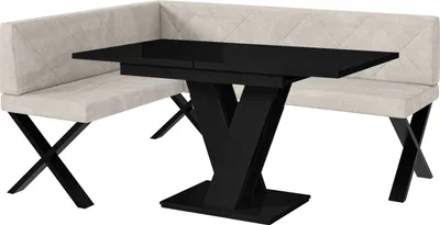 Produktbild von MEBLINI Eckbank für Esszimmer mit ausziehbarem Tisch  - Küchenbank - Essecke - Sitzecke Küche - ERIC - X-Beine 128x168x87cm Links - Beige Samt/M Schwarz Hochgl.