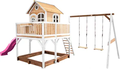 Produktbild von AXI Spielhaus Liam mit Sandkasten, Doppelschaukel & lila Rutsche | Stelzenhaus XXL in Braun & Weiß aus  Holz für Kinder | Spielturm mit Wellenrutsche & Schaukel für den Garten