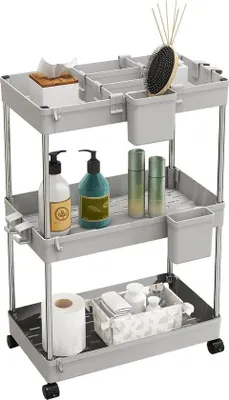 Image de Chariot à 3 niveaux pour la cuisine et la salle de bain, avec 4 crochets