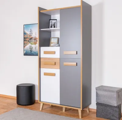 Produktbild von Wohnzimmer - Schrank, Farbe: Weiß / Eiche / Anthrazit - Abmessungen: 195 x 90 x 42 cm (H x B x T)