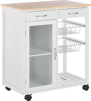 Obrázek produktu pro BELIANI Bílý kuchyňský vozík, borové dřevo, 2 zásuvky, skříň, koše na kolečkách