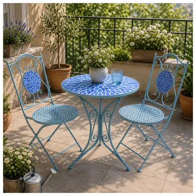 Produktbild von Bistro Sitzgruppe Metall blau Tisch mit 2 Stühlen Balkon Set Gartenmöbel Mosaik